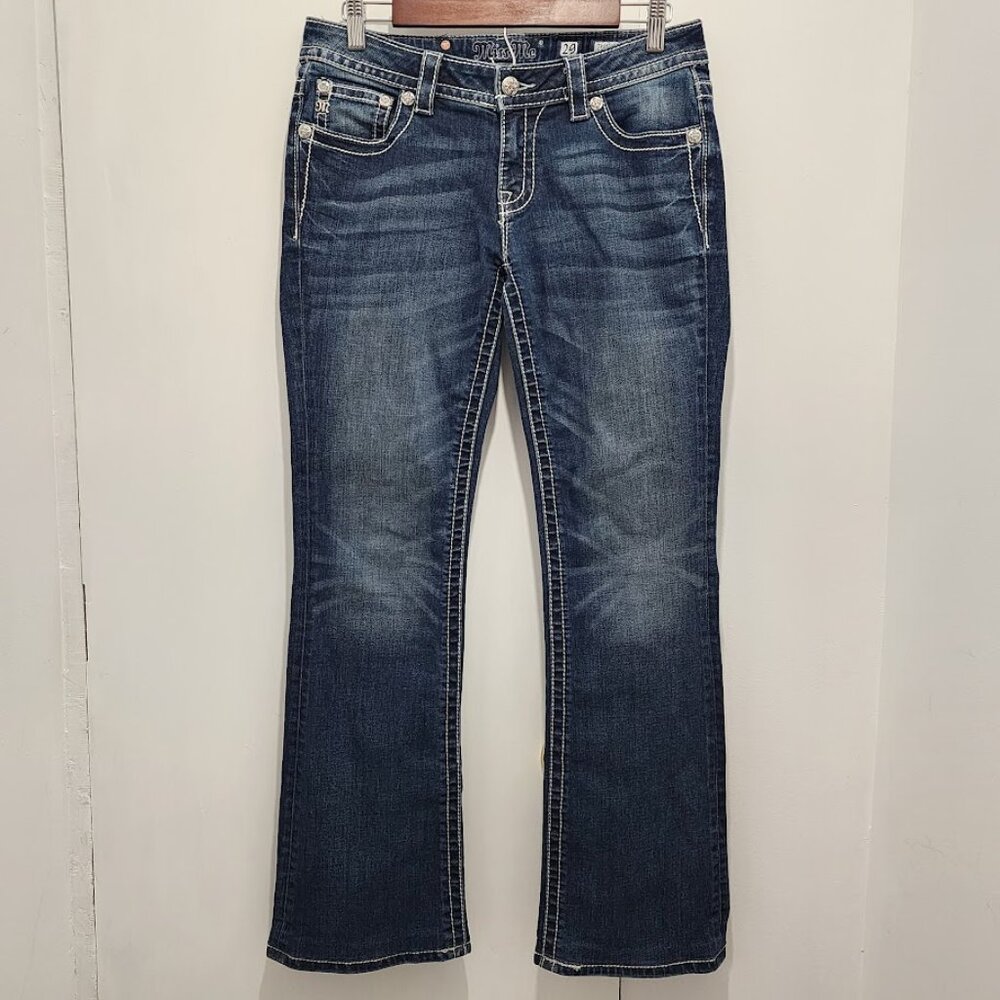 Miss Me Bootcut Jeans Womens Fleur de Lis Rhinestone Pocket Size 29‎